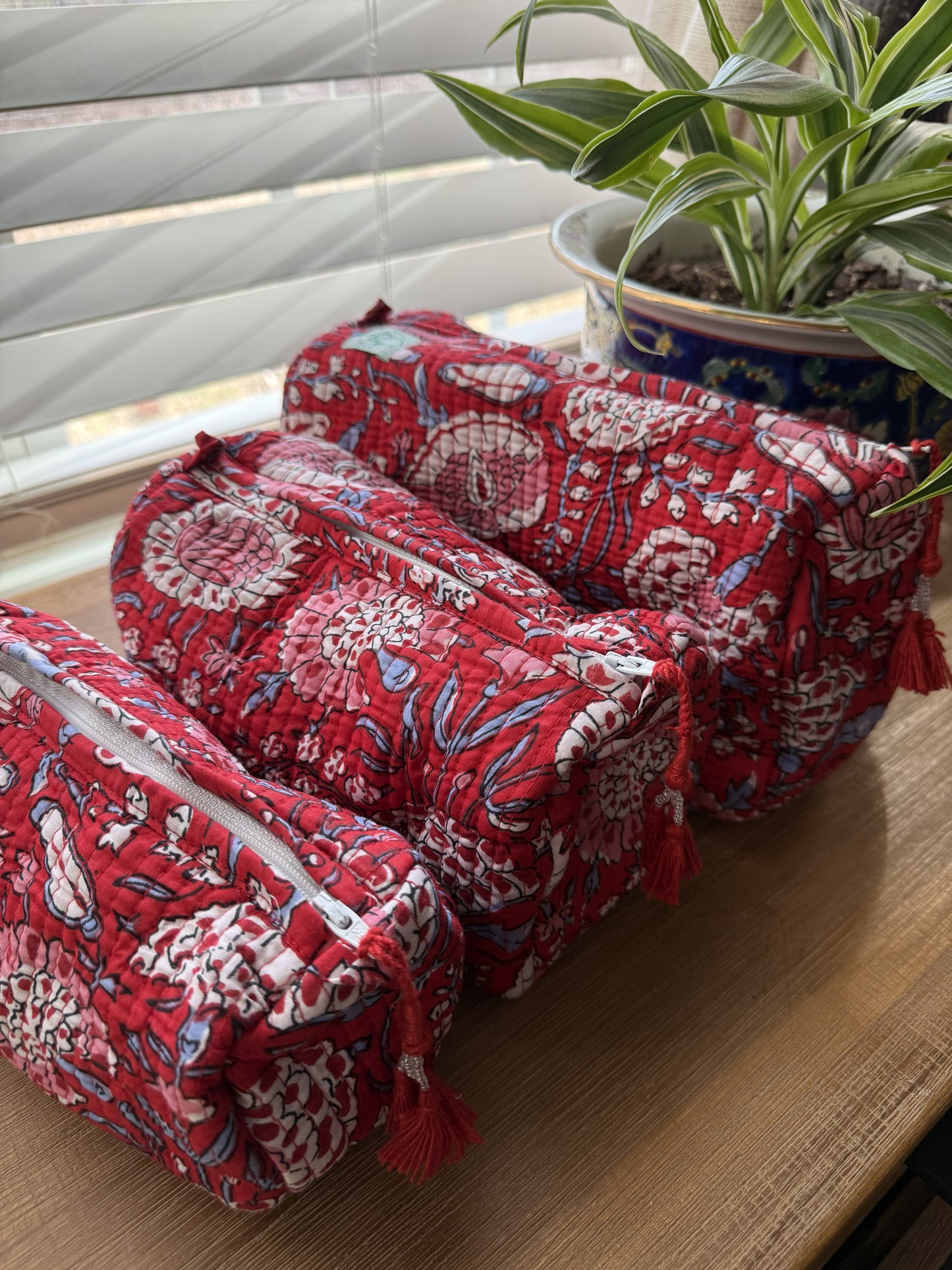 Red with White & Pink Flowers Cosmetic Bag