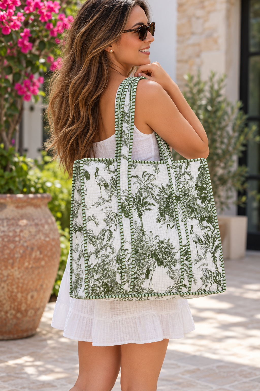 Zippered Green on White Palm Jungle Tote Bag
