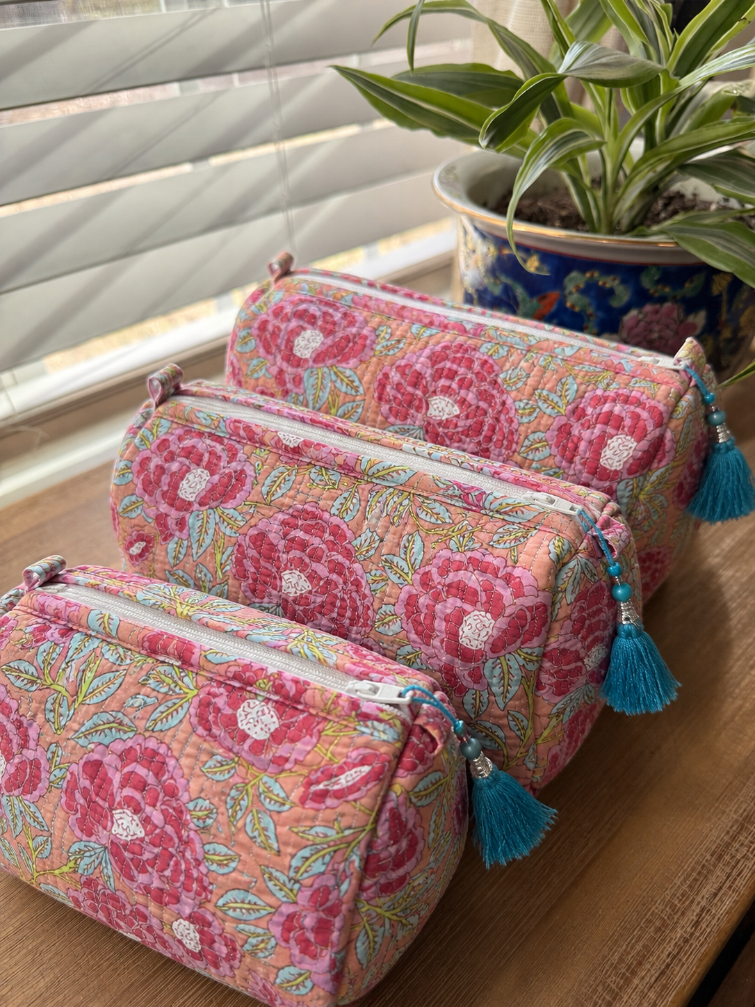 Peach with Pink Flowers Cosmetic Bag