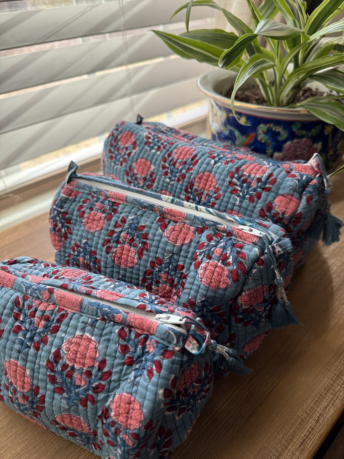 Dark Teal with Pink Flowers Cosmetic Bag