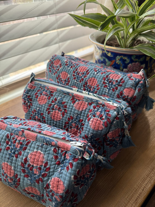 Dark Teal with Pink Flowers Cosmetic Bag