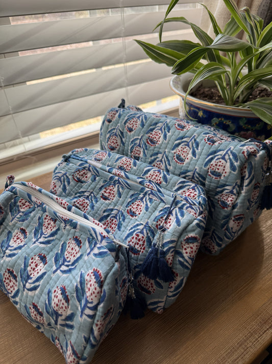 Light Teal with Blue & Red Flowers Cosmetic Bag
