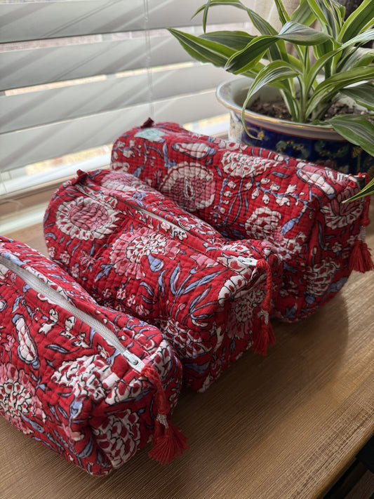 Red with White & Pink Flowers Cosmetic Bag