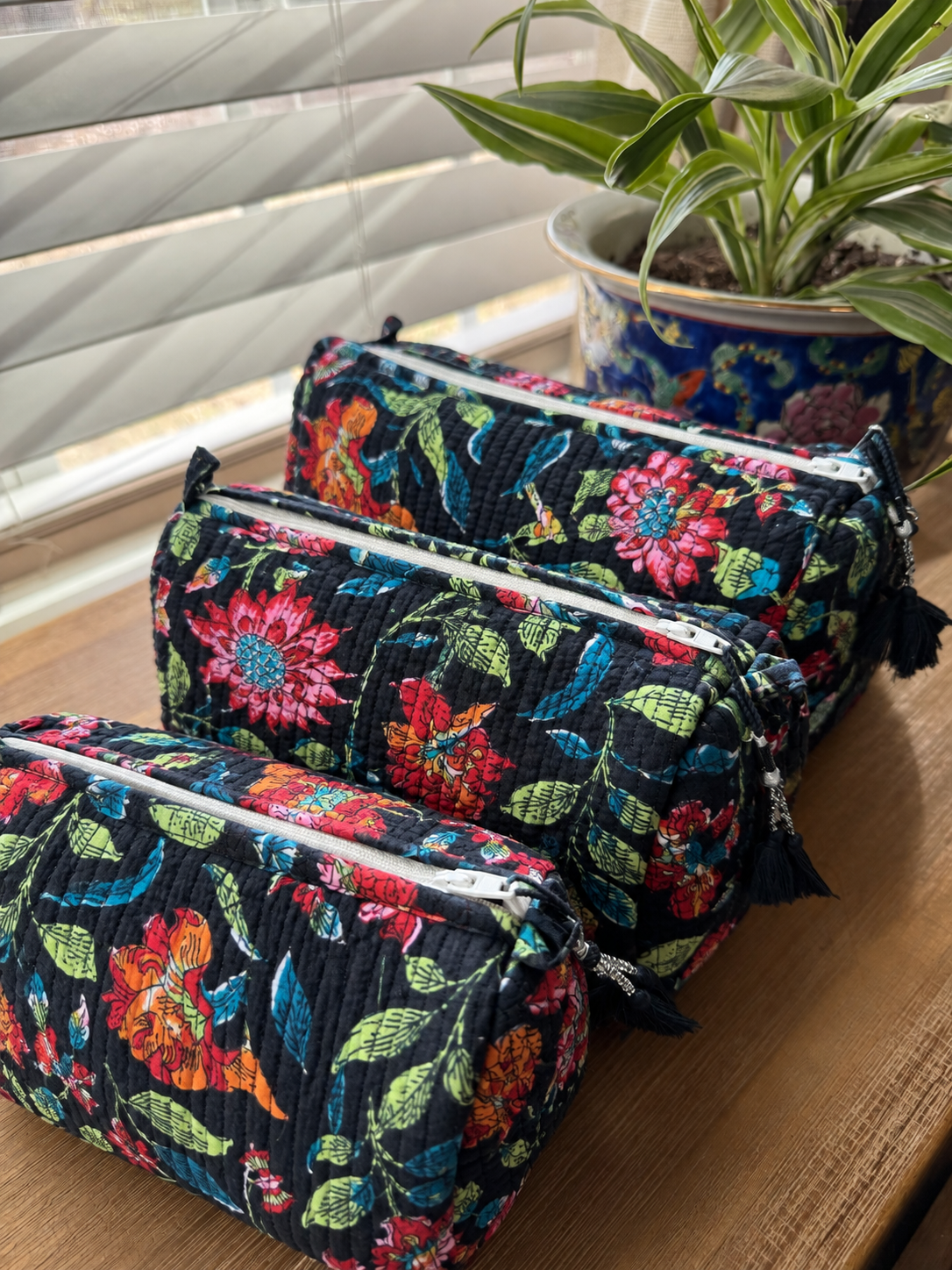 Black with Red and Orange Flowers Cosmetic Bag