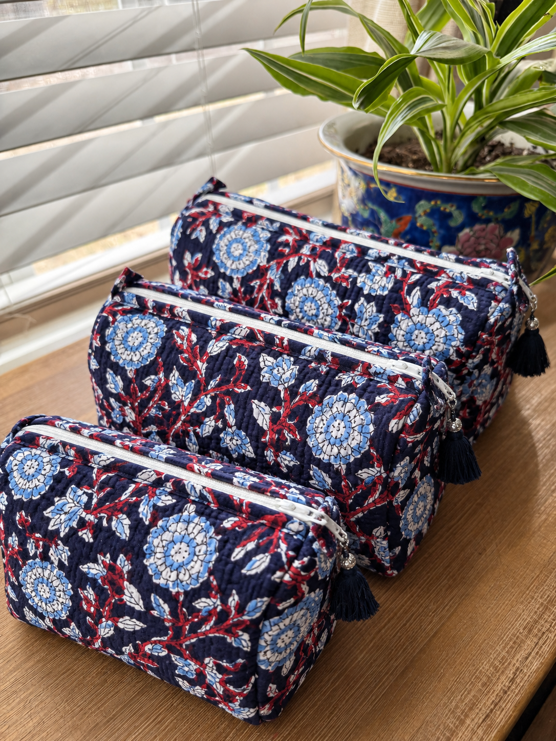 Navy with Light Blue & Red Flowers Cosmetic Bag