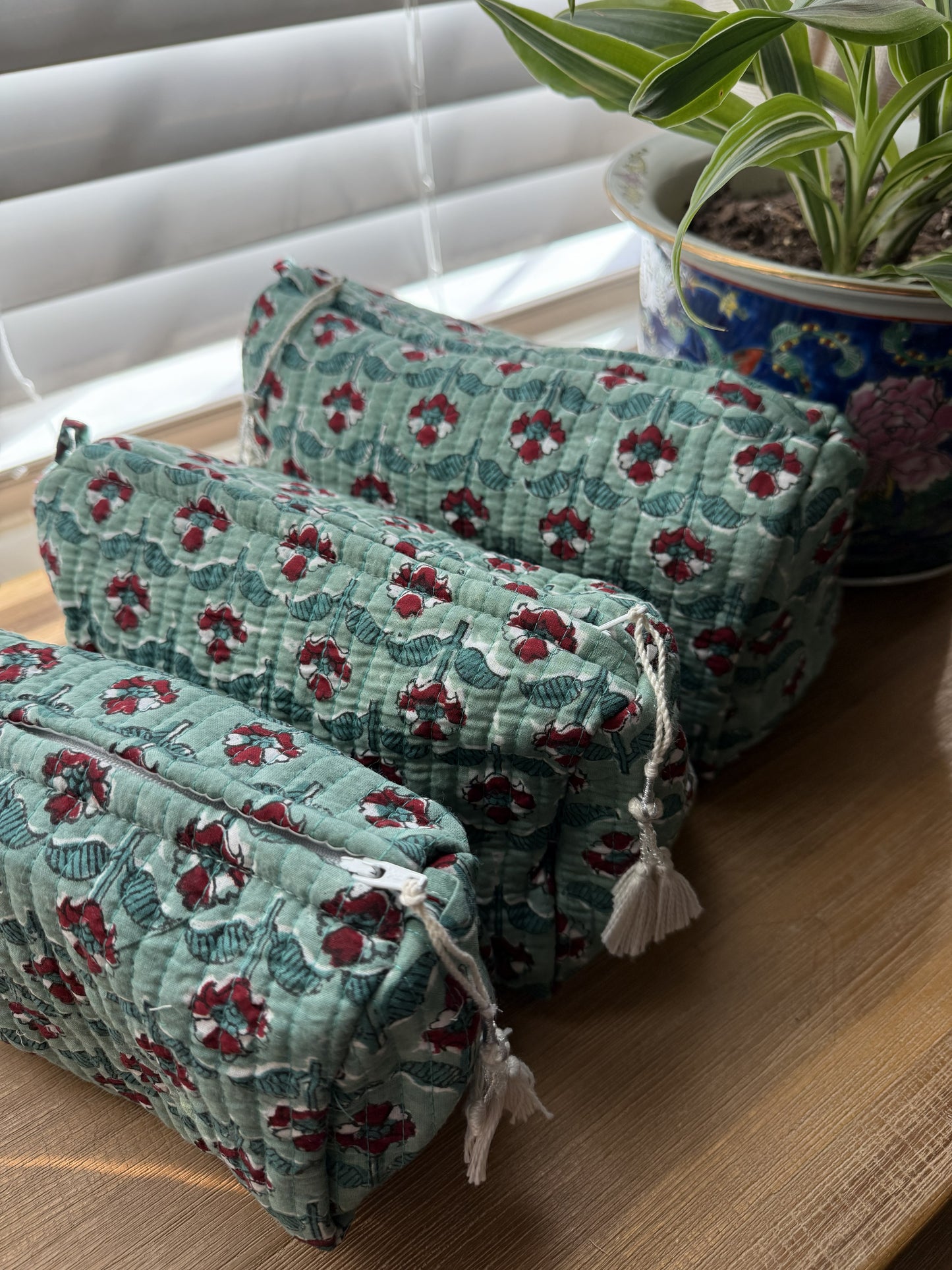 Green with Red & White Flowers Cosmetic Bag