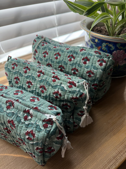 Green with Red & White Flowers Cosmetic Bag