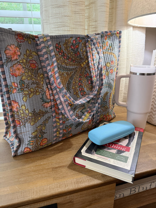 Grey & Purple Floral Tote Bag