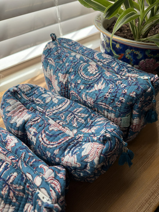 Dark Teal Blue with White & Red Parsley Cosmetic Bag
