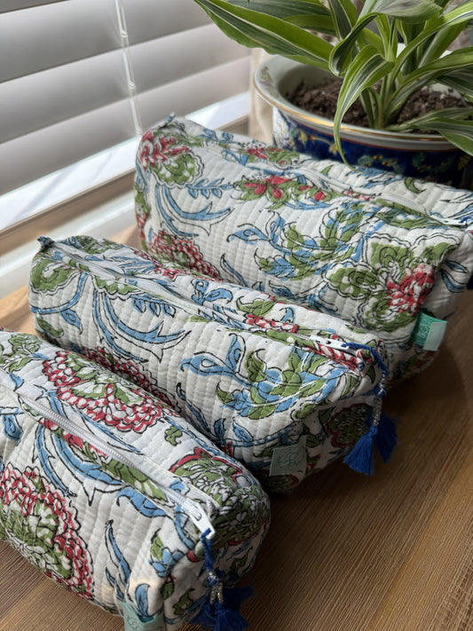 White, Green, Red & Blue Flowers Cosmetic Bag